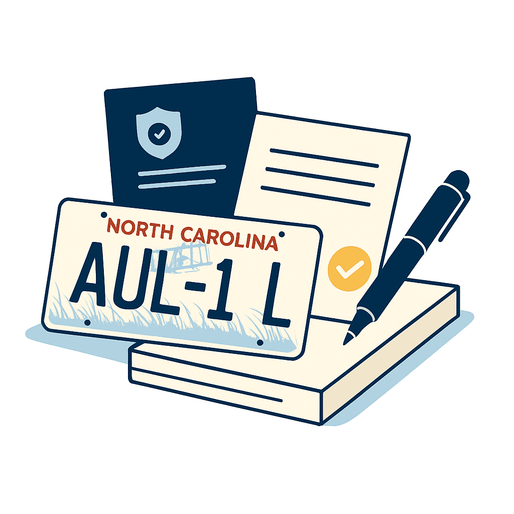 North Carolina license plate and DMV paperwork