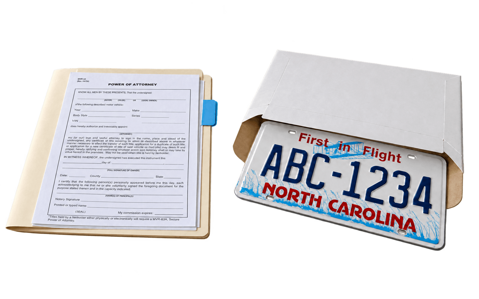 North Carolina license plate and DMV paperwork